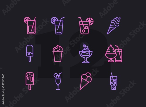 Refreshers line icon set. Cola, ice cream, lemonade. Drink concept. Can be used for topics like cafe, menu, food