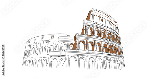 Linear image of the Colosseum on a white background.