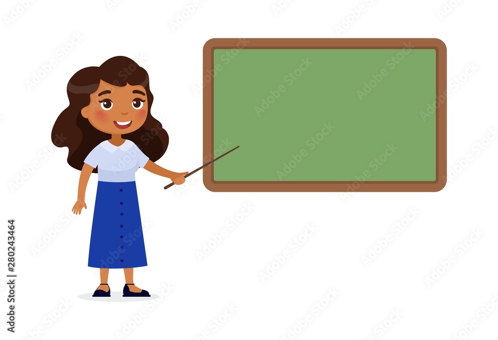 Indian female teacher standing near blackboard flat vector illustration.  Smiling tutor pointing at blank chalkboard in classroom cartoon character.  Educational process. School lesson, tutor explaining Stock Vector | Adobe  Stock
