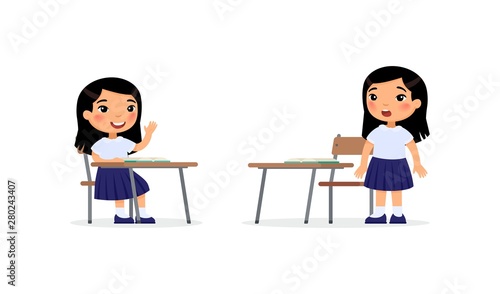 Pupils at lesson flat vector illustrations set. Asian school girl raising hand in classroom for answer, cartoon characters. Elementary school education process