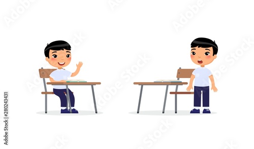 Pupils at lesson flat vector illustrations set. Asian school boy raising hand in classroom for answer, cartoon characters. Elementary school education process