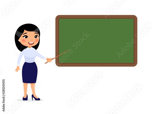 Asian female teacher standing near blackboard flat vector illustration. Smiling tutor pointing at blank chalkboard in classroom cartoon character. Educational process. School lesson