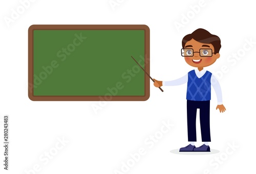 Indian male teacher standing near blackboard flat vector illustration. Smiling tutor pointing at blank chalkboard in classroom cartoon character. Educational process. School lesson