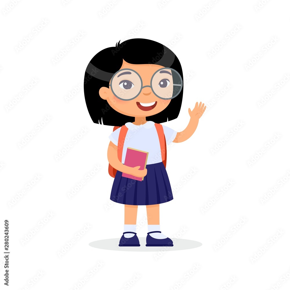 Asian school girl, happy teenager flat vector illustration. Girl with book  and backpack isolated cartoon character. Elementary school pupil going to  lesson. Cheerful young schoolboy. Back to school Stock Vector | Adobe