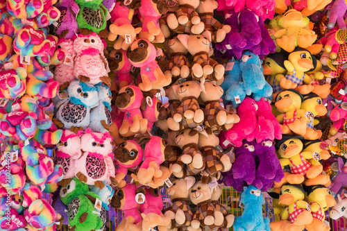 colorful plush toy animals at the fun market, fair in Netherlands