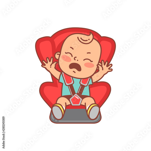 Baby sitting on car seat. Crying with tears baby.