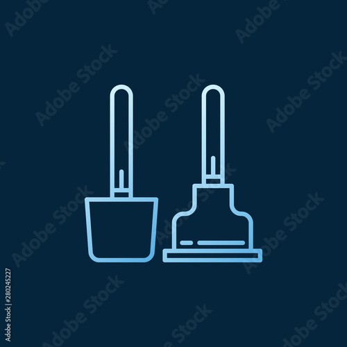 Toilet plunger with brush vector blue outline icon or logo element on dark background