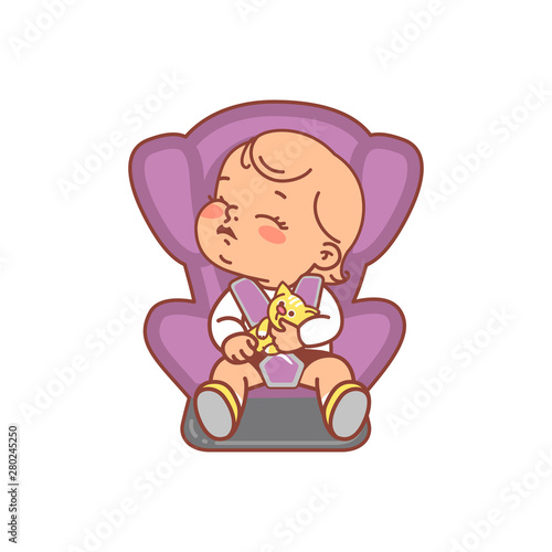 Baby girl sitting sleeping on car seat. Baby on board