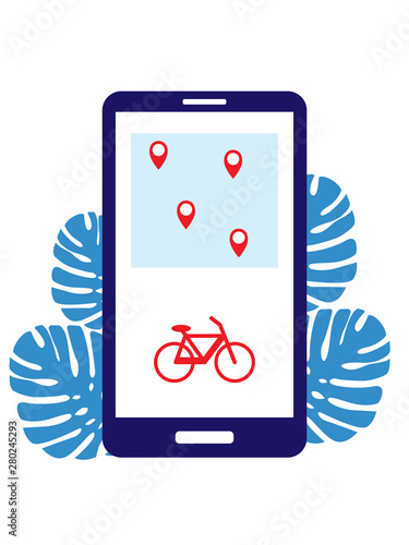 Rent a bike and search for stations with parking through the application on the phone. Bike sharing with items shown on the phone. Smart service for renting bicycles in the city.