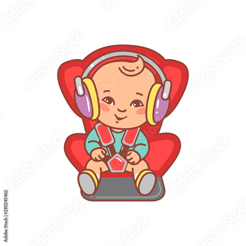 Baby sitting on car seat. Kid with headphones.