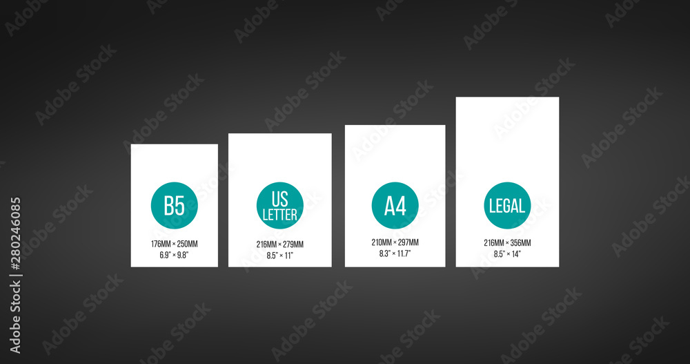 Paper Sizes. B5, US Letter A4, Legal size comparison, Paper Sheet Formats.  Vector Illustration isolated on black background Stock-Vektorgrafik | Adobe  Stock