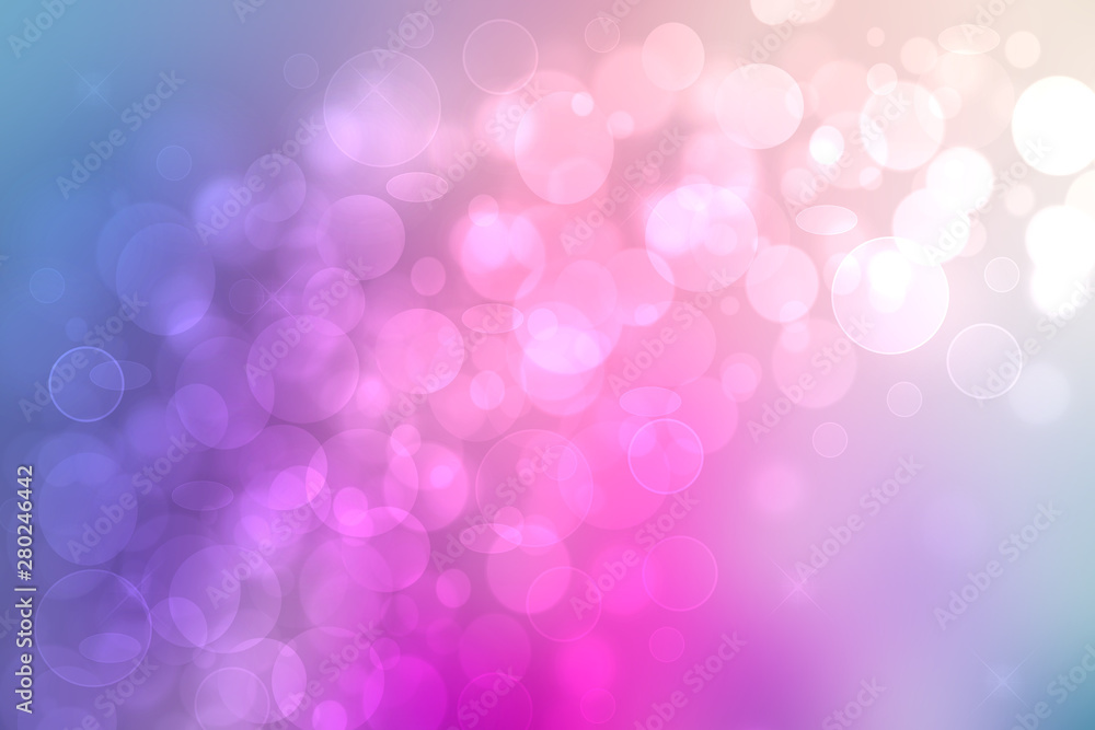 Abstract gradient of pink blue pastel light background texture with glowing circular bokeh lights and stars. Beautiful colorful spring or summer backdrop.