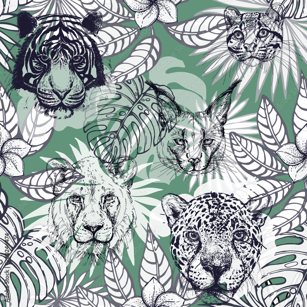 Fototapeta premium Seamless pattern of hand drawn sketch style isolated wild animals and tropical plants. Vector illustration.