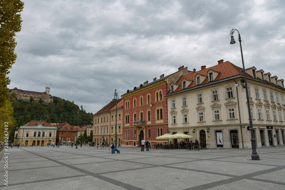 Ljubljana,Slovenia,6,2016: Street, river, bridges with dragons, magical city.
