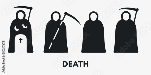 Grim Reaper Death Scythe Halloween Horror. Flat Vector Icon Set.