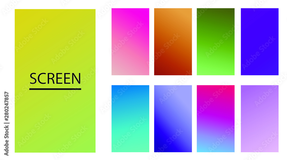 Vector EPS 10 Gradient Set. Different colors. Modern Smartphone screen, mobile app Template. Design for Wallpaper, background, banner, flyer, Social media post