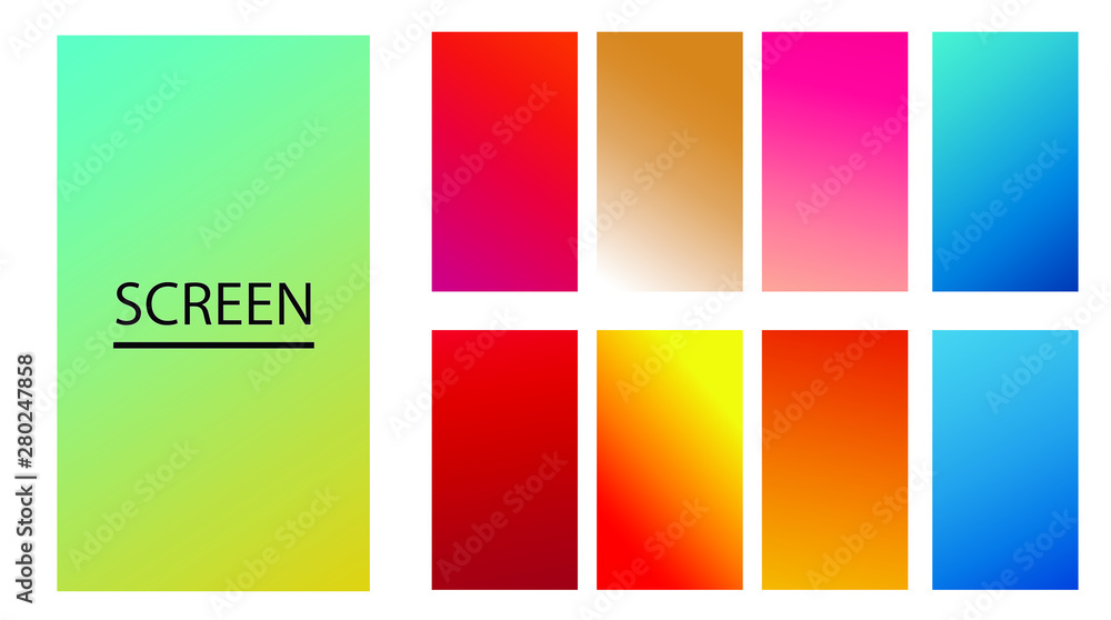 Vector EPS 10 Gradient Set. Different colors. Modern Smartphone screen, mobile app Template. Design for Wallpaper, background, banner, flyer, Social media post