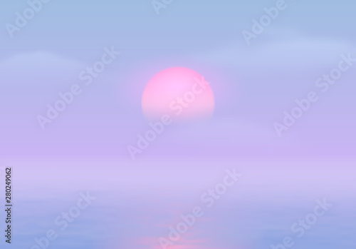 Sun over the sea with sun road and vaporwave 90s styled blue and pink colors