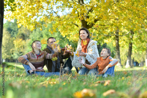 Family of four posing sitting on grass