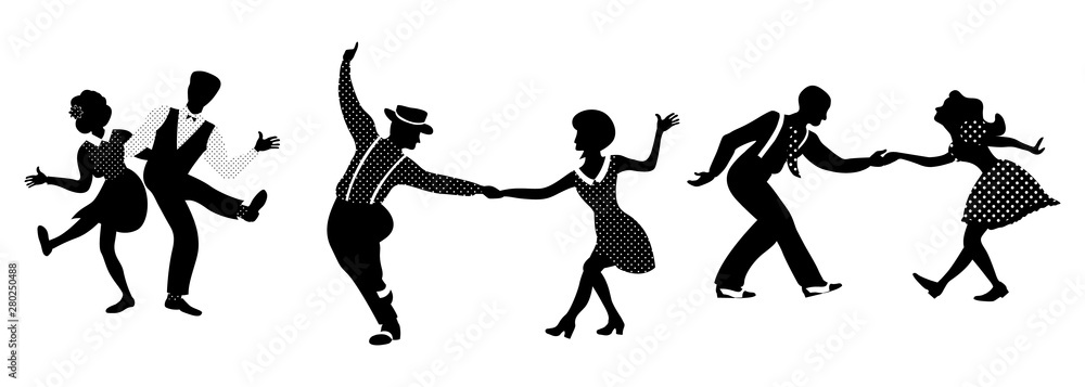 Horizontal composition of three couples set. People in 1940s or 1950s style dancing lindy hop or boogie woogie. Vector illustration in black and white colors.