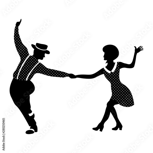 Jazz dancing couple of people. 1940s and 1950s style. Woman with flower in dress with dots and man with suspenders and hat. Flat vector illustration in black and white colors.