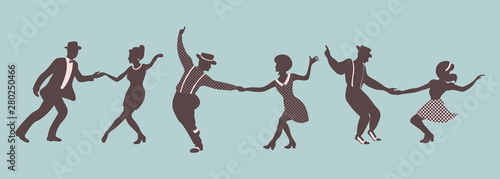 Horizontal composition of three couples dancing swing. People in 1930s or 1940s style. Vector illustration on blue background.