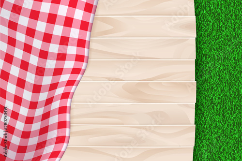 Picnic poster, banner background. Vector illustration of red plaid tablecloth on wooden table and green grass backdrop.