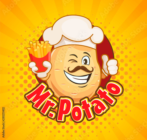 Mr. potato chef with french fries inviting to delicious snack. Smiled character with hipster hairstyle, thumb up and fast food on sunburst halftone background. Vector illustration.