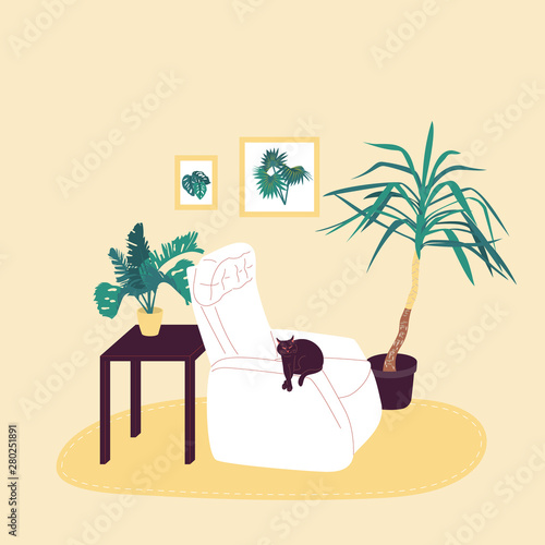 Cosy room inreior with black cat in armchair. Isolated on white background. Flat style cartoon stock vector photo