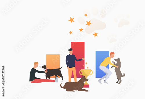 Dog owners celebrating victory. Winner, award, animal concept. Vector illustration can be used for topics like entertainment, competition, dog show