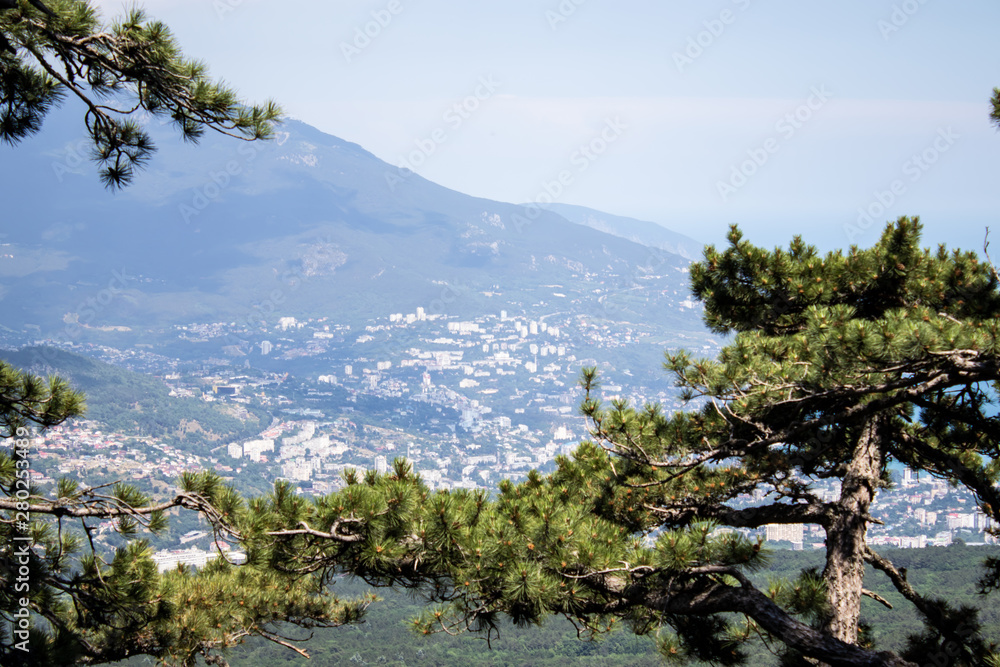 Black Sea view from Ai-Petri mountain. Light sunny summer day, Crimea, Russia.