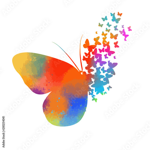 Abstract butterfly multicolored from parts. A lot of flying butterflies. Vector illustration