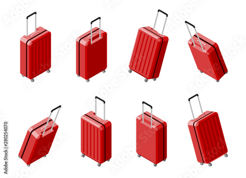 Set of isometric 3d view business travel hand bag luggage suitcase. Red isolated vector baggage collection on white background.