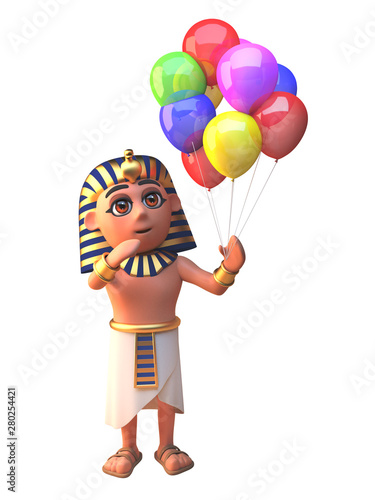 Tableau sur toile 3d pharaoh Tutankhamun character holding many coloured party balloons for a cele