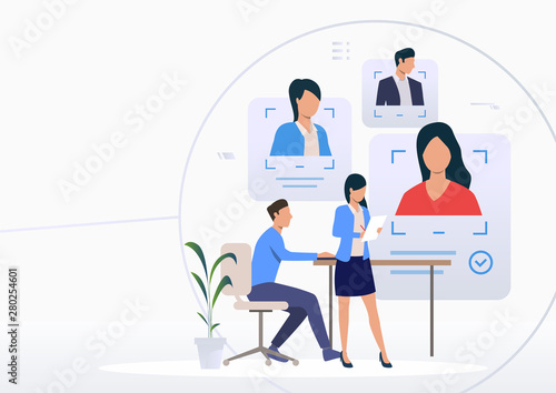Recruiting agency office. Man and woman studying profiles and CV. Human resource concept. Vector illustration can be used for topics like personnel search, recruitment, employment