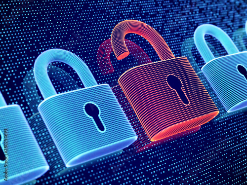 Data security and privacy concept: opened padlock on digital screen background. Visualization of personal or business information safety. Cybercrime or network hacker attack. EPS10 vector illustration