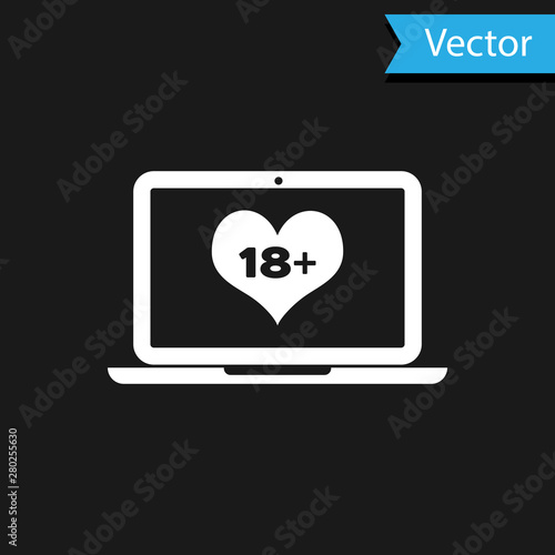 White Laptop computer with 18 plus content heart icon isolated on black background. Age restriction symbol. 18 plus content sign. Adult channel. Vector Illustration