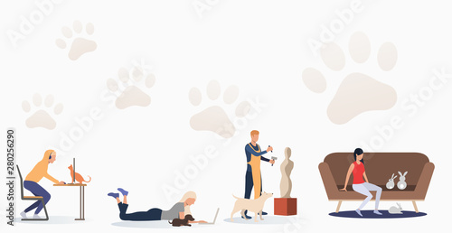 Pets owners having leisure time. Fun, animal, friend concept. Vector illustration can be used for topics like lifestyle, pet care