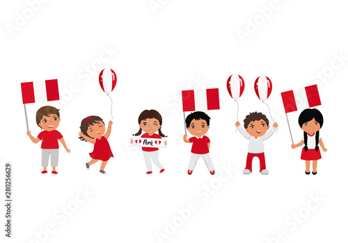 children holding Peru flags. Vector illustration. Modern design template
