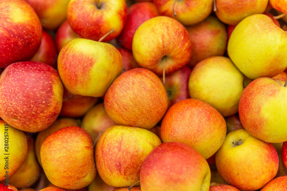 Red apples in the supermarket. Close-up. Background. Space for text. Red apples in the supermarket. Close-up. Background. Space for text.