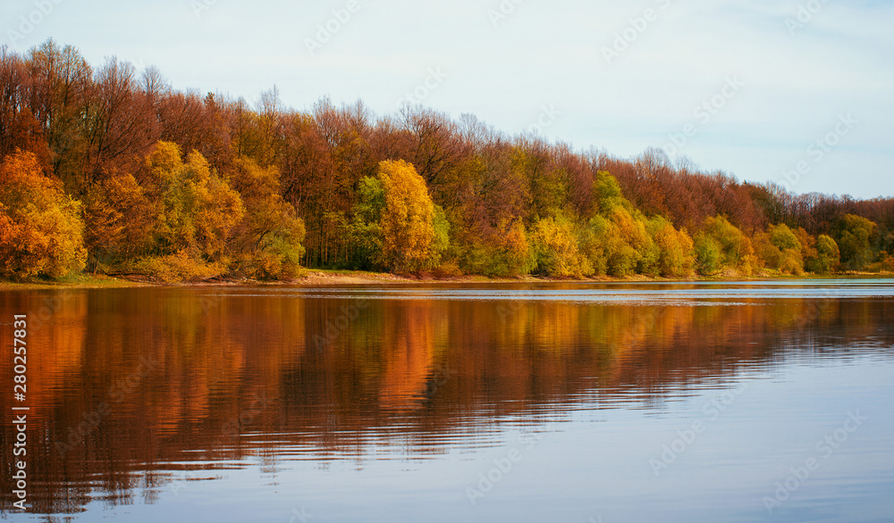 Panoramic landscape with forest lake in autumn rainy day