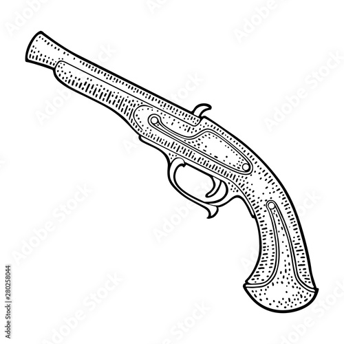 Cast iron cannon on wooden carriage with wheels. Vector engraving