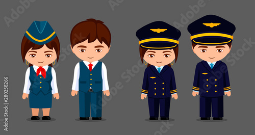 Pilot, stewardess and steward. Civil aviation professions. Little cartoon girl and boy in uniform. Kawaii cartoon characters. Vector flat illustration.