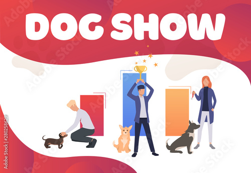 Dog pet owners holding trophy and celebrating victory. Winner, award, animal concept. Poster or landing template. Vector illustration for topics like entertainment, competition, dog show