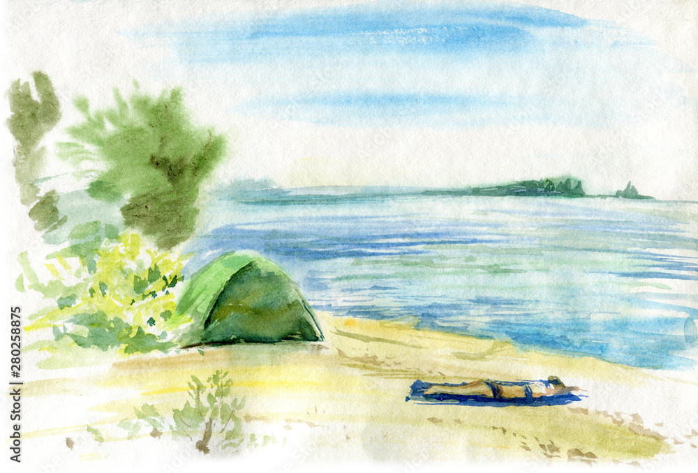 Watercolor illustration of camping at the beach. The shore of a lake or a sea with sunbathing woman near the tent. Solitude and natural vacation lifestyle.