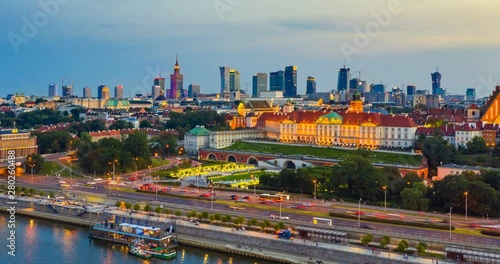 City skyline background. Aerial view of Warsaw capital city of Poland. From above, city view with night sky. Panorama of Warsaw cityscape. Europe. Aerial view