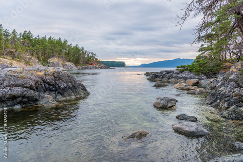 View over Inlet, ocean and island with rocks in beautiful British Columbia. Canada.