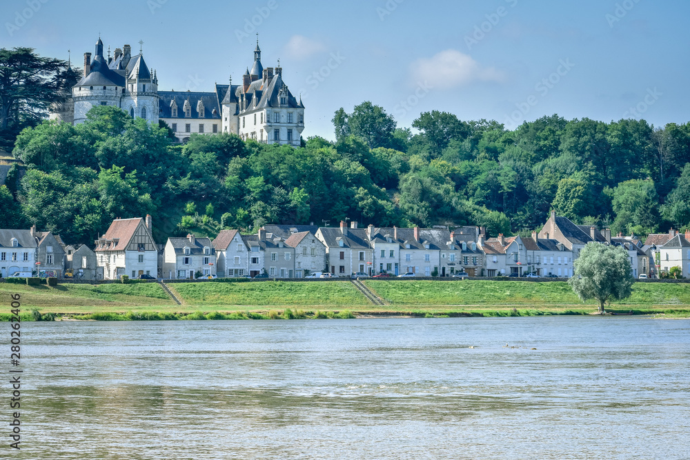 CHAUMONT CASTLE, FRANCE - JULY 07, 2017: Chaumont castle stands above the River Loire in a summer day at Chaumont castle, France on July 07, 2017 CHAUMONT CASTLE, FRANCE - JULY 07, 2017: Chaumont castle stands above the River Loire in a summer day at Chaumont castle, France on July 07, 2017