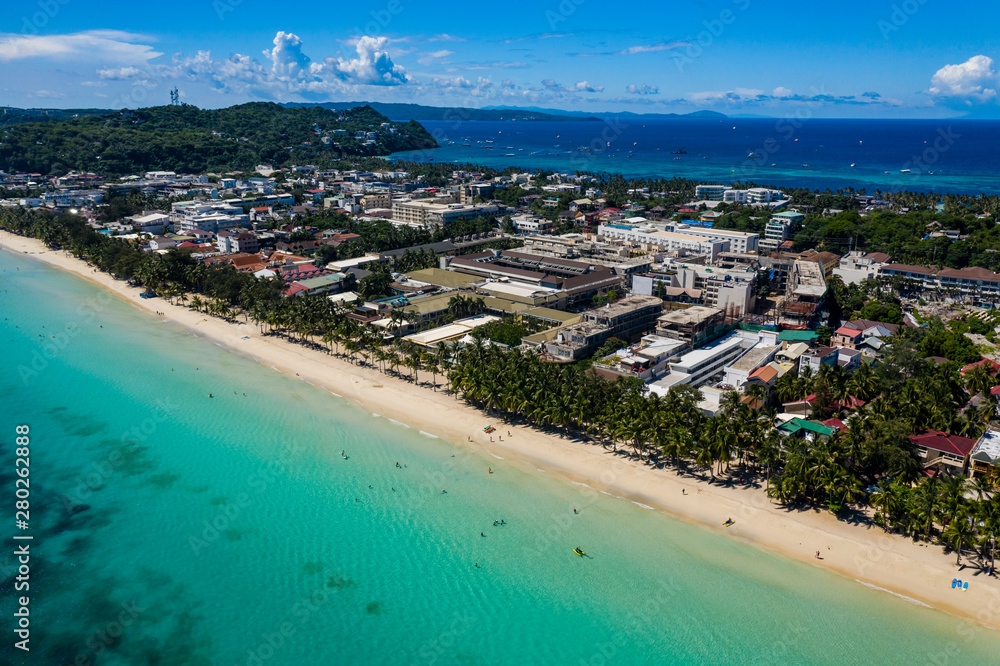Aerial drone view of the Philippine island of Boracay after its reopening