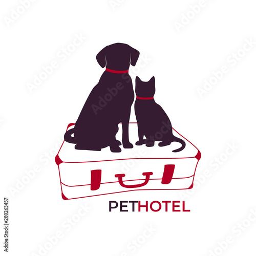 Dog and cat sitting on a suitcase. Pet hotel icon, logo, concept.